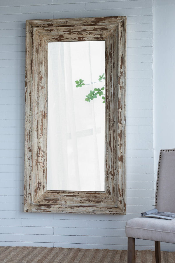 English Elm 39x3.5x75" Distressed Fir Wood Leaner Mirror Antique White Farmhouse Bedroom Decor W2078P154678