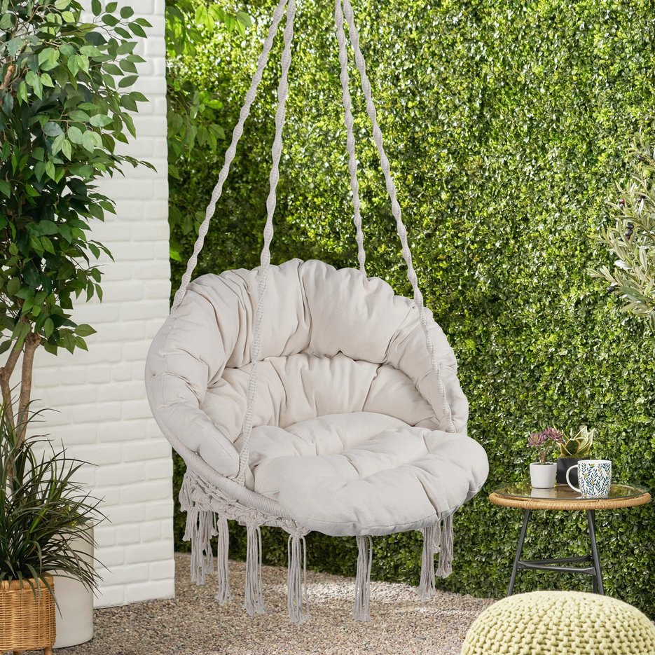 English Elm Hammock Boho Macrame Hanging Chair with Cushion, 330 lb Capacity Cotton Rope Swing for Indoor/Outdoor Relaxation W419P147384