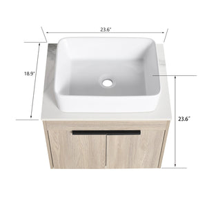English Elm 24" Modern Floating Bathroom Vanity With Ceramic Basin Set, White Oak, Soft-Close Doors & Storage W999S00018
