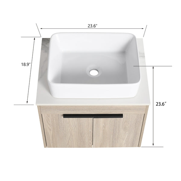English Elm 24" Modern Floating Bathroom Vanity With Ceramic Basin Set, White Oak, Soft-Close Doors & Storage W999S00018