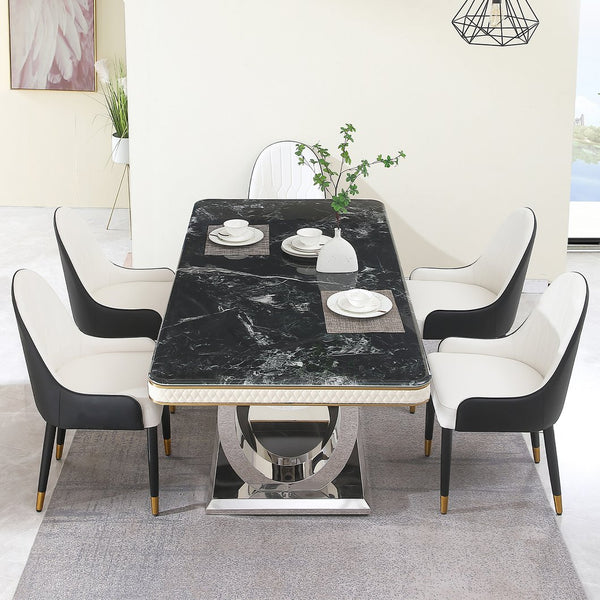 English Elm Luxury Modern 86" Faux Marble Dining Table with Titanium-Plated Dual Circle Base and 6 Chairs, Black Gold Glam W509S00107