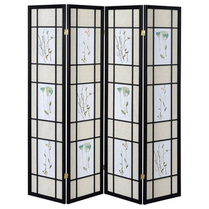 English Elm Floral Black 4-Panel Folding Screen with Romantic Floral Motif, Neutral Palette, Pine Frame Accent B062P153645