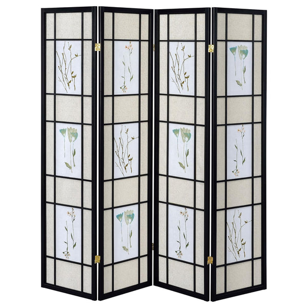 English Elm Floral Black 4-Panel Folding Screen with Romantic Floral Motif, Neutral Palette, Pine Frame Accent B062P153645
