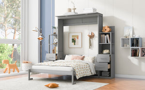 English Elm Queen Murphy Wall Bed with Led Lighting Open Shelves Drawers Space Saving Cabinet LP000566AAE-1