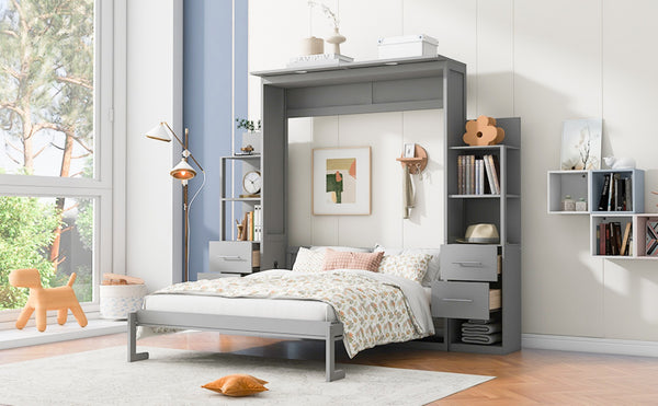 English Elm Queen Murphy Wall Bed with Led Lighting Open Shelves Drawers Space Saving Cabinet LP000566AAE-1