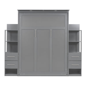 English Elm Queen Murphy Wall Bed with Led Lighting Open Shelves Drawers Space Saving Cabinet LP000566AAE-1