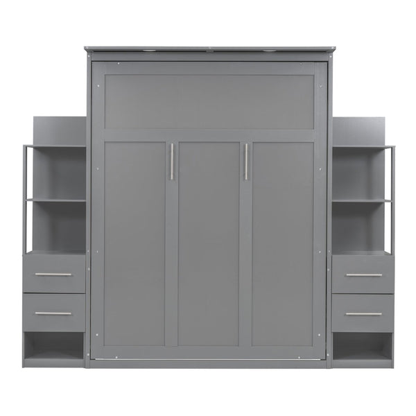 English Elm Queen Murphy Wall Bed with Led Lighting Open Shelves Drawers Space Saving Cabinet LP000566AAE-1