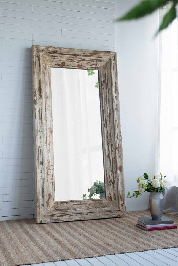 English Elm 39x3.5x75" Distressed Fir Wood Leaner Mirror Antique White Farmhouse Bedroom Decor W2078P154678