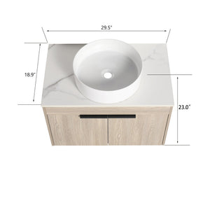English Elm 30" Modern Floating Bathroom Vanity Set With Ceramic Sink & White Stone Top - Wall-Mounted Elegance W999S00021