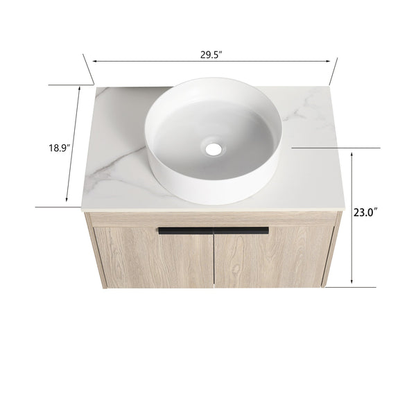English Elm 30" Modern Floating Bathroom Vanity Set With Ceramic Sink & White Stone Top - Wall-Mounted Elegance W999S00021
