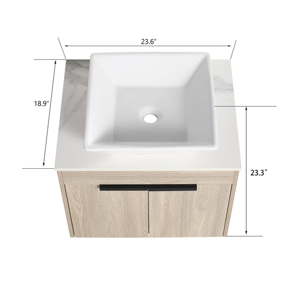 English Elm 24" Modern Floating Bathroom Vanity With Ceramic Sink, Soft-Close Doors & Ample Storage Solution W999S00017