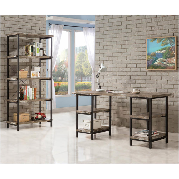 English Elm Salvaged Industrial Writing Desk with Weathered Pine & Dark Bronze, 4 Open Shelves, 59"W Surface B062P153661