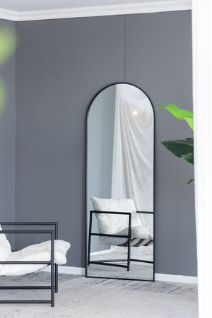 English Elm 28x1x74" Celine Arched Full Length Floor Mirror Matte Black Iron Frame Bedroom W2078P154679