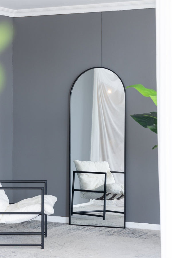 English Elm 28x1x74" Celine Arched Full Length Floor Mirror Matte Black Iron Frame Bedroom W2078P154679