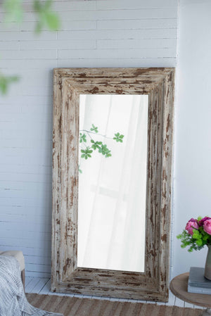 English Elm 39x3.5x75" Distressed Fir Wood Leaner Mirror Antique White Farmhouse Bedroom Decor W2078P154678