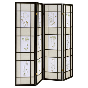 English Elm Floral Black 4-Panel Folding Screen with Romantic Floral Motif, Neutral Palette, Pine Frame Accent B062P153645