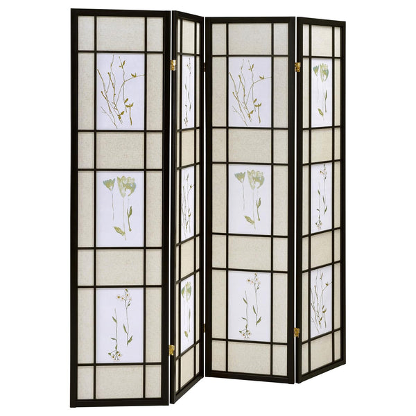 English Elm Floral Black 4-Panel Folding Screen with Romantic Floral Motif, Neutral Palette, Pine Frame Accent B062P153645