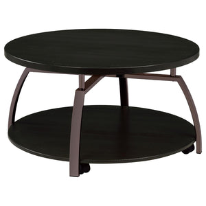 English Elm Dark Grey Round Coffee Table with Lower Shelf on Casters, Black Nickel Finish for Modern Living Room B062P153642