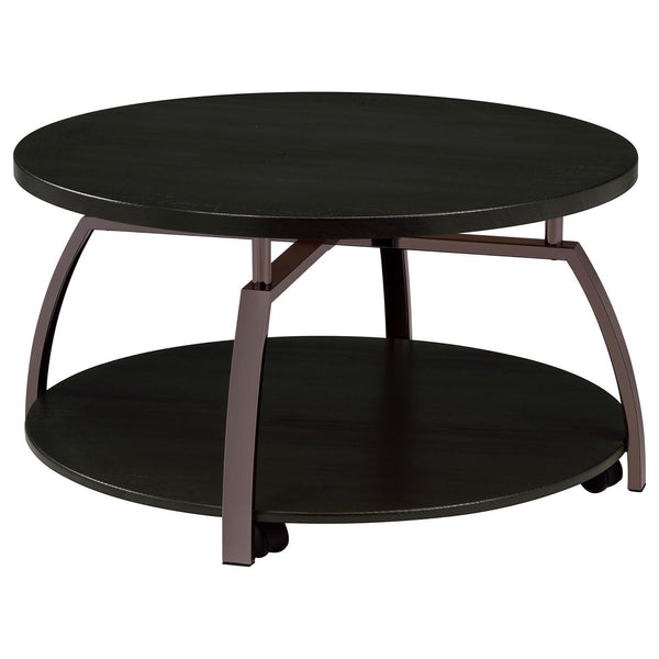 English Elm Dark Grey Round Coffee Table with Lower Shelf on Casters, Black Nickel Finish for Modern Living Room B062P153642
