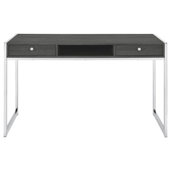English Elm Weathered Grey 2-Drawer Writing Desk – Modern Minimalist Design With Stylish Chrome Base & Storage Solutions B062P153657-GIGA