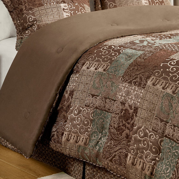 English Elm 4 Piece Comforter Set Cal King Patchwork Jacquard Chenille Warm Elegant Textured Bedding Ensemble Brown 21.25 L x 22.5 W x 12 H B035P148264