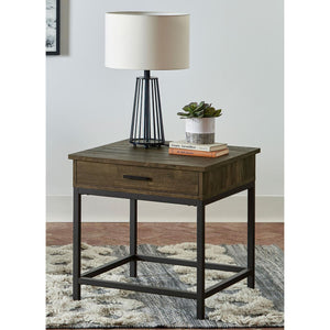English Elm Brown Oak Square End Table With Sandy Black Metal Frame - Rustic Modern Design, Hidden Storage Drawer B062P153628