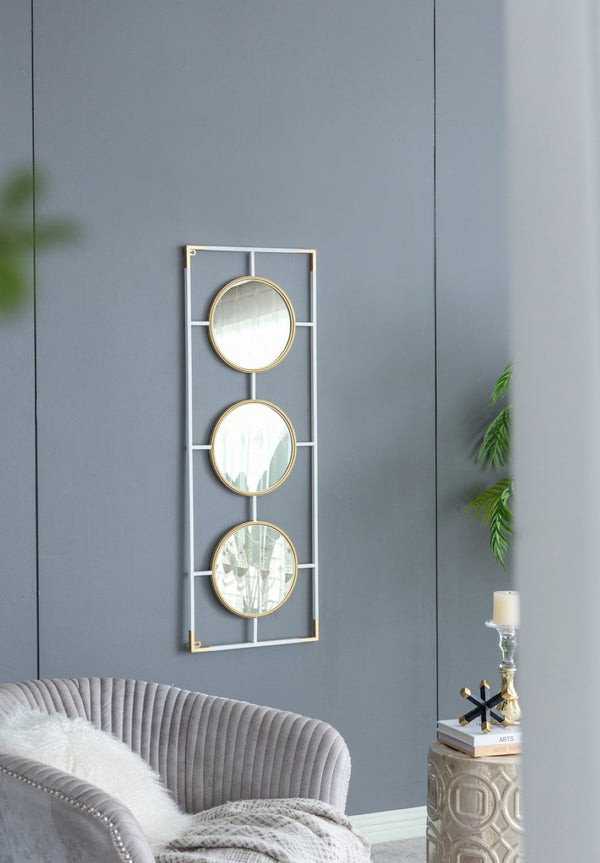 English Elm 15.5x43.5" Triple Convex Iron Frame Wall Mirror in Two-tone Gold White Deco Style W2078P154684