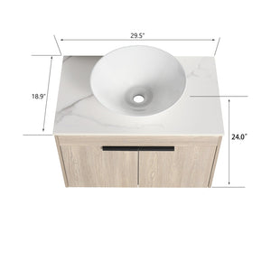 English Elm 30''Modern Floating Bathroom Vanity Wall Mounted White Oak with Ceramic Vessel Sink & Soft-Close Doors W999S00024