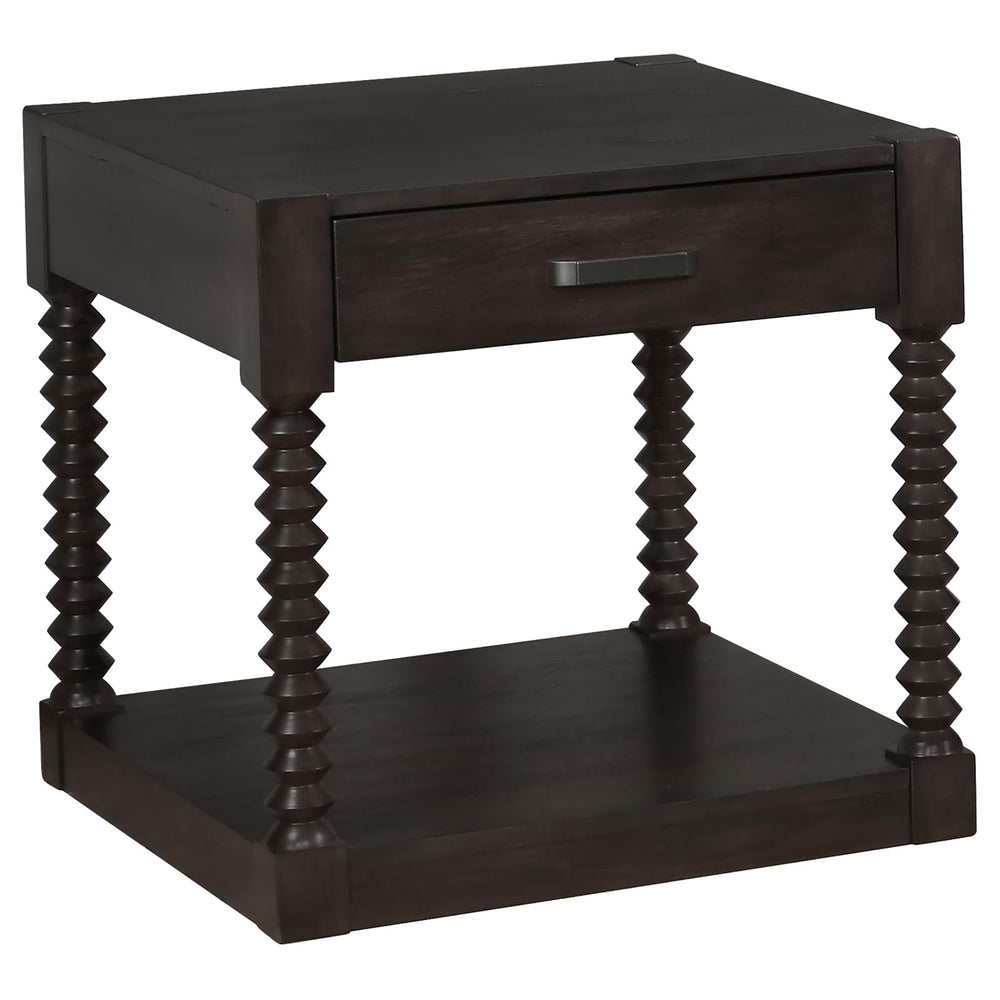 English Elm Coffee Spindle-Leg End Table with Drawer and Shelf, Coffee Bean Finish, Solid Wood Accent Table B062P153667