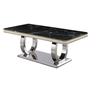 English Elm Luxury Modern 86" Faux Marble Dining Table with Titanium-Plated Dual Circle Base and 6 Chairs, Black Gold Glam W509S00107