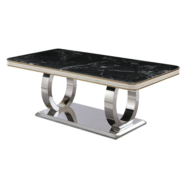 English Elm Luxury Modern 86" Faux Marble Dining Table with Titanium-Plated Dual Circle Base and 6 Chairs, Black Gold Glam W509S00107