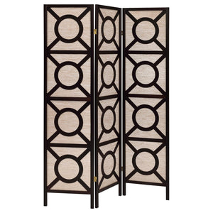 English Elm Tan Geometric Circle 3-Panel Folding Screen in Cappuccino Frame — Modern Privacy Divider, Jute Pine Finish B062P153652