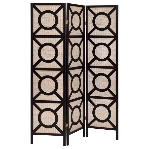 English Elm Tan Geometric Circle 3-Panel Folding Screen in Cappuccino Frame — Modern Privacy Divider, Jute Pine Finish B062P153652