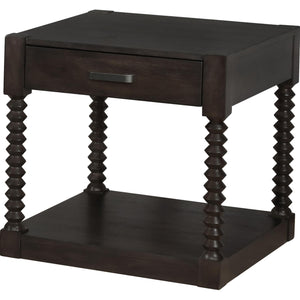 English Elm Coffee Spindle-Leg End Table with Drawer and Shelf, Coffee Bean Finish, Solid Wood Accent Table B062P153667