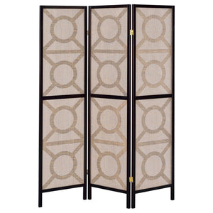 English Elm Tan Geometric Circle 3-Panel Folding Screen in Cappuccino Frame — Modern Privacy Divider, Jute Pine Finish B062P153652