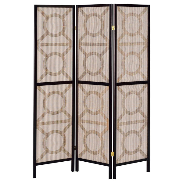 English Elm Tan Geometric Circle 3-Panel Folding Screen in Cappuccino Frame — Modern Privacy Divider, Jute Pine Finish B062P153652