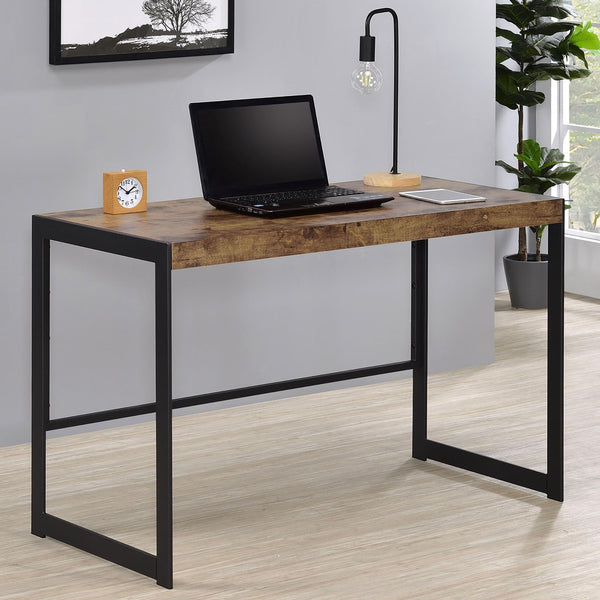 English Elm Antique Nutmeg and Gunmetal Writing Desk with Low-Profile Metal Frame, Compact Modern Industrial Style (46.5"W) B062P153651