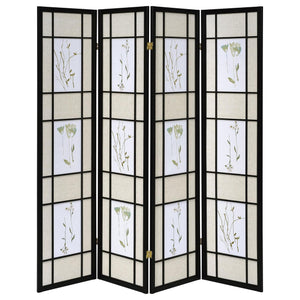 English Elm Floral Black 4-Panel Folding Screen with Romantic Floral Motif, Neutral Palette, Pine Frame Accent B062P153645