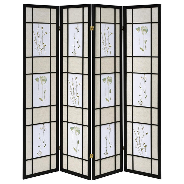 English Elm Floral Black 4-Panel Folding Screen with Romantic Floral Motif, Neutral Palette, Pine Frame Accent B062P153645