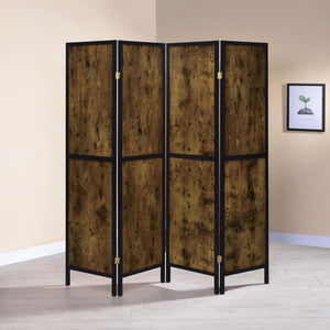 English Elm Antique Rustic Nutmeg & Black 4-Panel Folding Screen — Industrial Cabin Room Divider, Brass Accents B062P153650