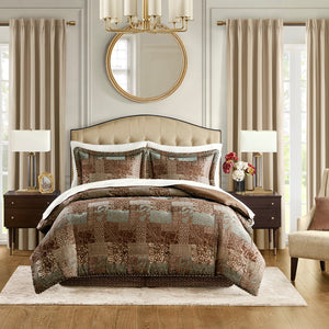 English Elm 4 Piece Comforter Set Cal King Patchwork Jacquard Chenille Warm Elegant Textured Bedding Ensemble Brown 21.25 L x 22.5 W x 12 H B035P148264