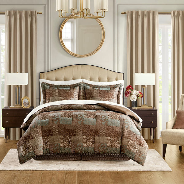 English Elm 4 Piece Comforter Set Cal King Patchwork Jacquard Chenille Warm Elegant Textured Bedding Ensemble Brown 21.25 L x 22.5 W x 12 H B035P148264