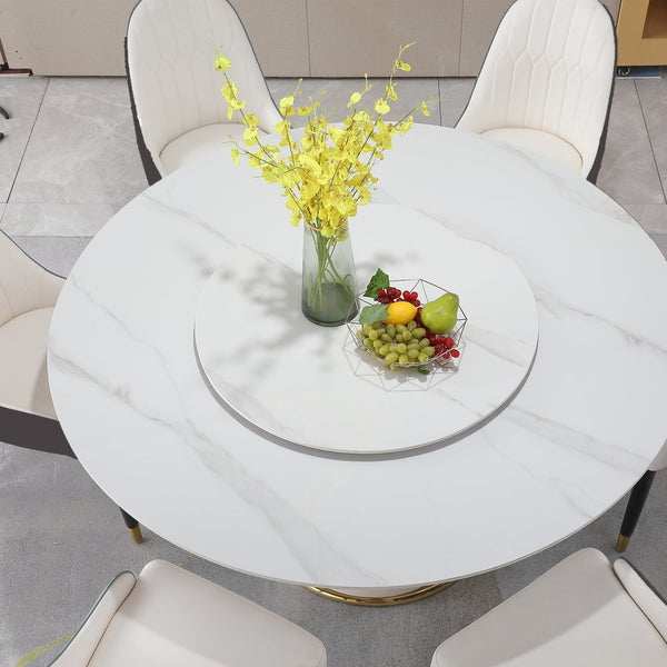 English Elm 59.05"Modern 59.05" Modern Sintered Stone Dining Set With Round Turntable, 8 Chairs, And Stylish Pedestal Base W509S00097