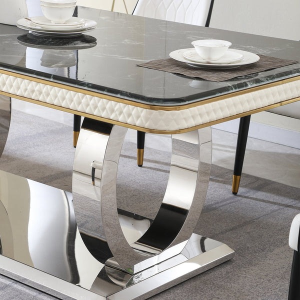 English Elm Luxury Modern 86" Faux Marble Dining Table with Titanium-Plated Dual Circle Base and 6 Chairs, Black Gold Glam W509S00107