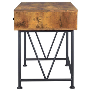 English Elm Antique Transitional 3-Drawer Writing Desk in Antique Nutmeg & Black with Bronze Handles, Sleek Metal Frame B062P153666