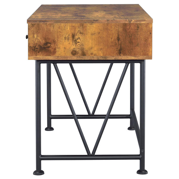 English Elm Antique Transitional 3-Drawer Writing Desk in Antique Nutmeg & Black with Bronze Handles, Sleek Metal Frame B062P153666