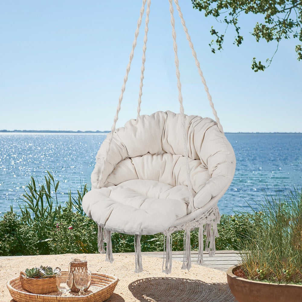 English Elm Hammock Boho Macrame Hanging Chair with Cushion, 330 lb Capacity Cotton Rope Swing for Indoor/Outdoor Relaxation W419P147384