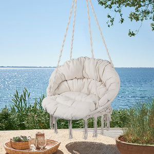 English Elm Hammock Boho Macrame Hanging Chair with Cushion, 330 lb Capacity Cotton Rope Swing for Indoor/Outdoor Relaxation W419P147384