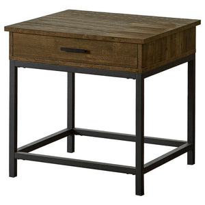 English Elm Brown Oak Square End Table With Sandy Black Metal Frame - Rustic Modern Design, Hidden Storage Drawer B062P153628