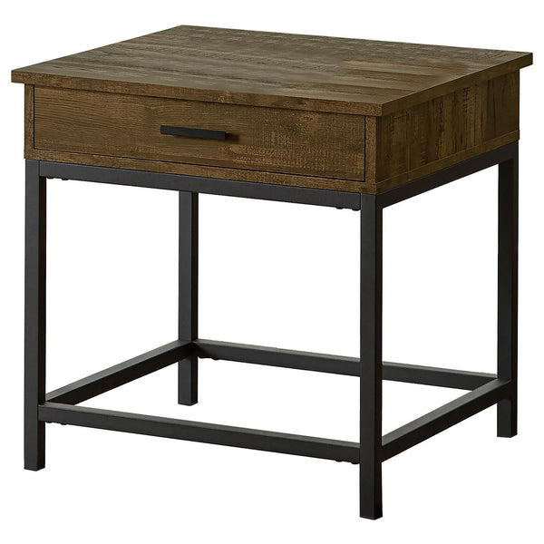 English Elm Brown Oak Square End Table With Sandy Black Metal Frame - Rustic Modern Design, Hidden Storage Drawer B062P153628